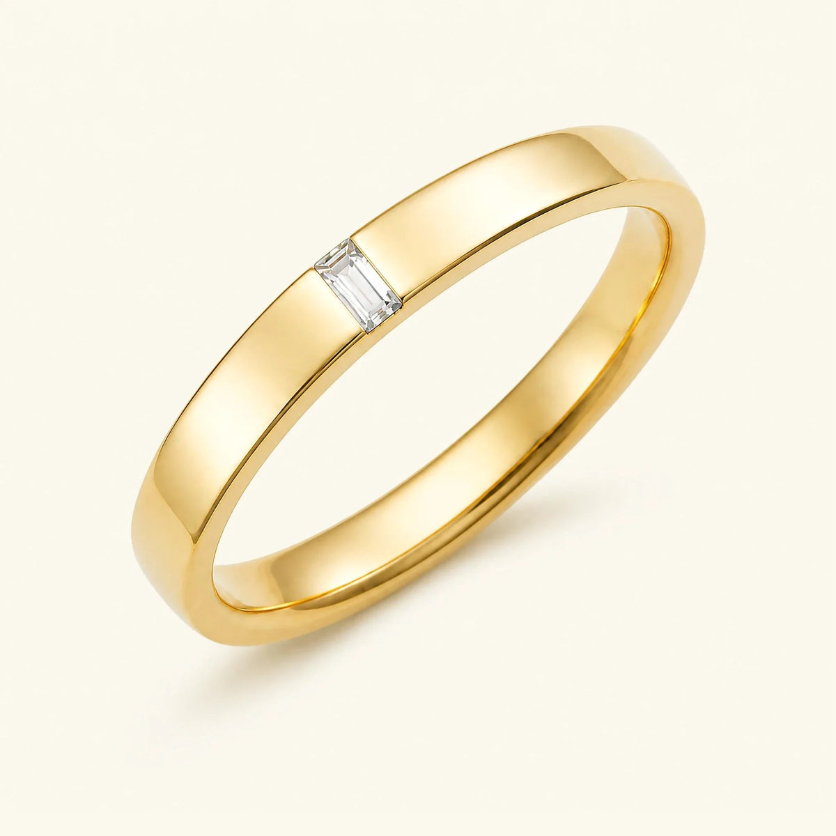 Baguette cut white diamond solitaire ring for men in yellow gold