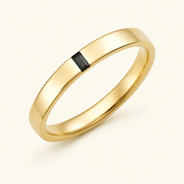 Solitaire baguette black diamond ring men's yellow gold