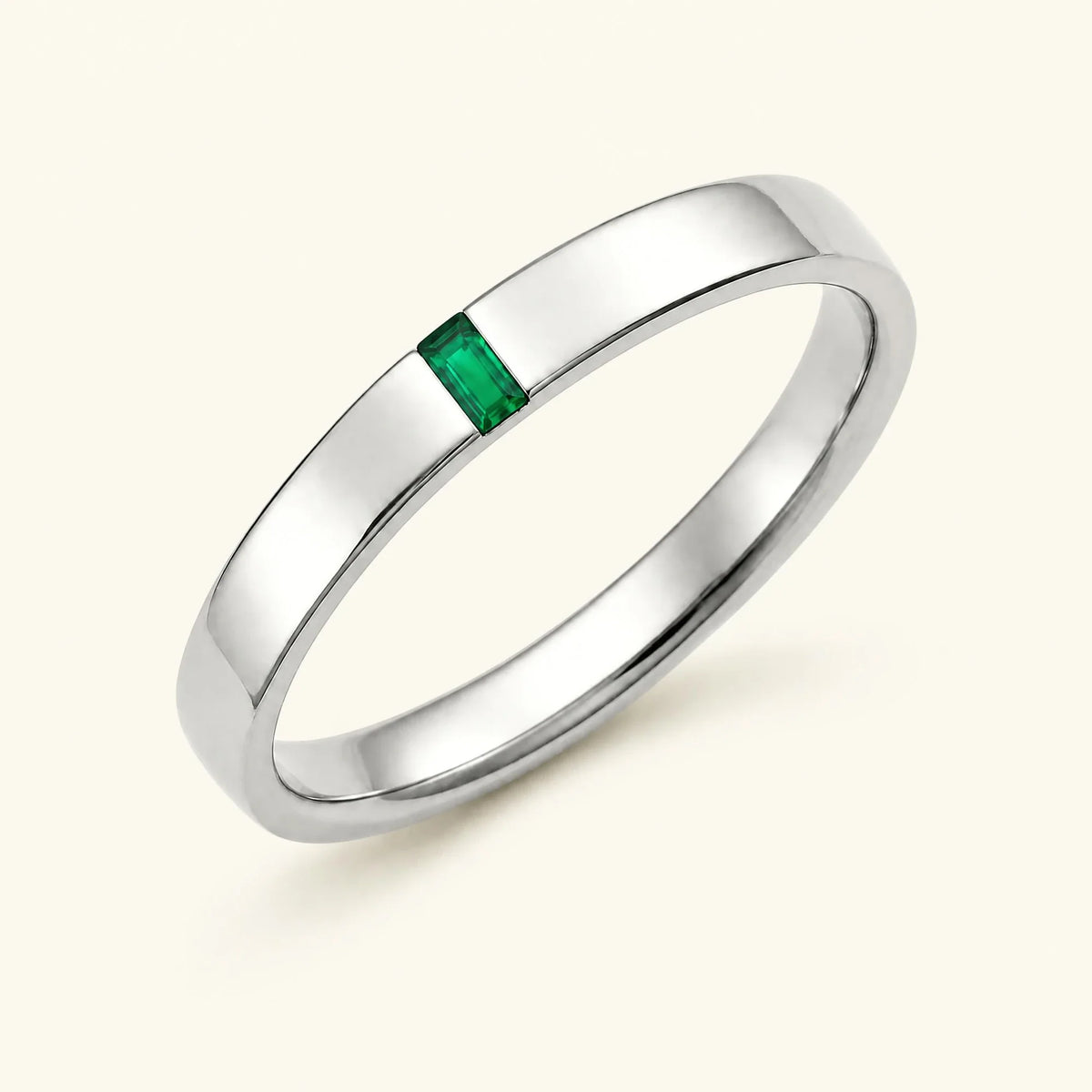 Solitaire baguette cut emerald ring for men in white gold
