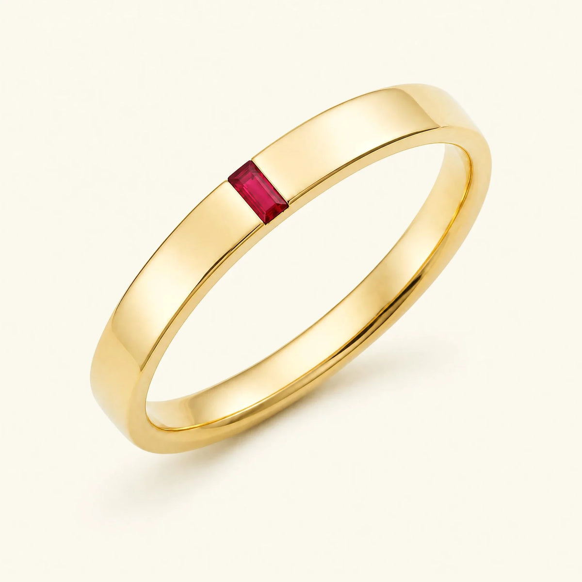 Solitaire baguette cut ruby ring for men in yellow gold