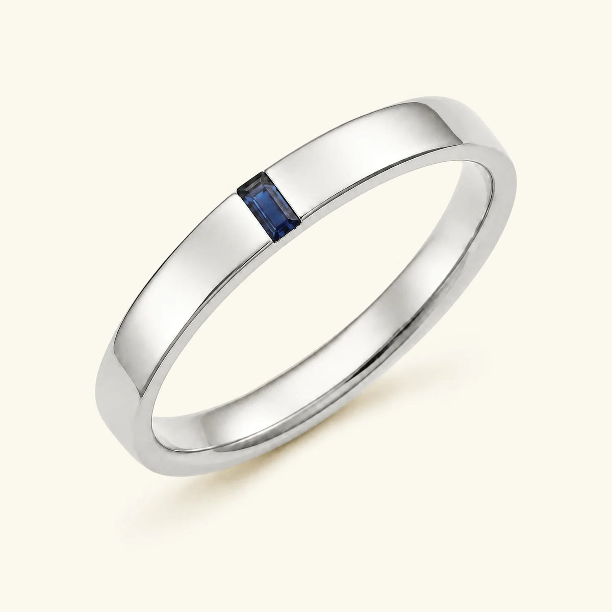 Baguette cut sapphire solitaire ring for men in white gold