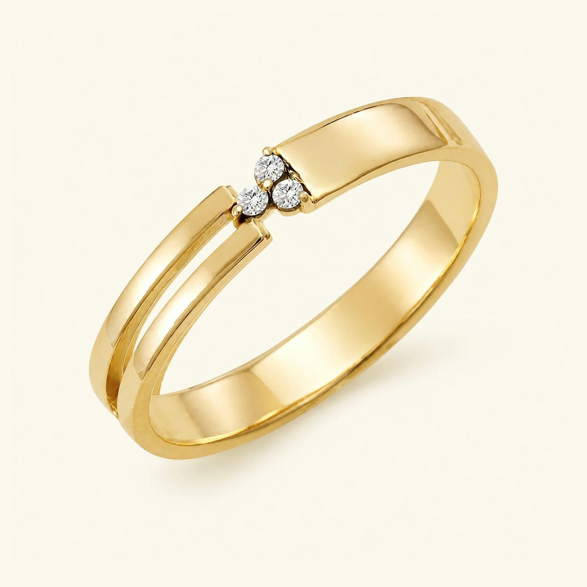 Three stone white diamond ring for men in yellow gold
