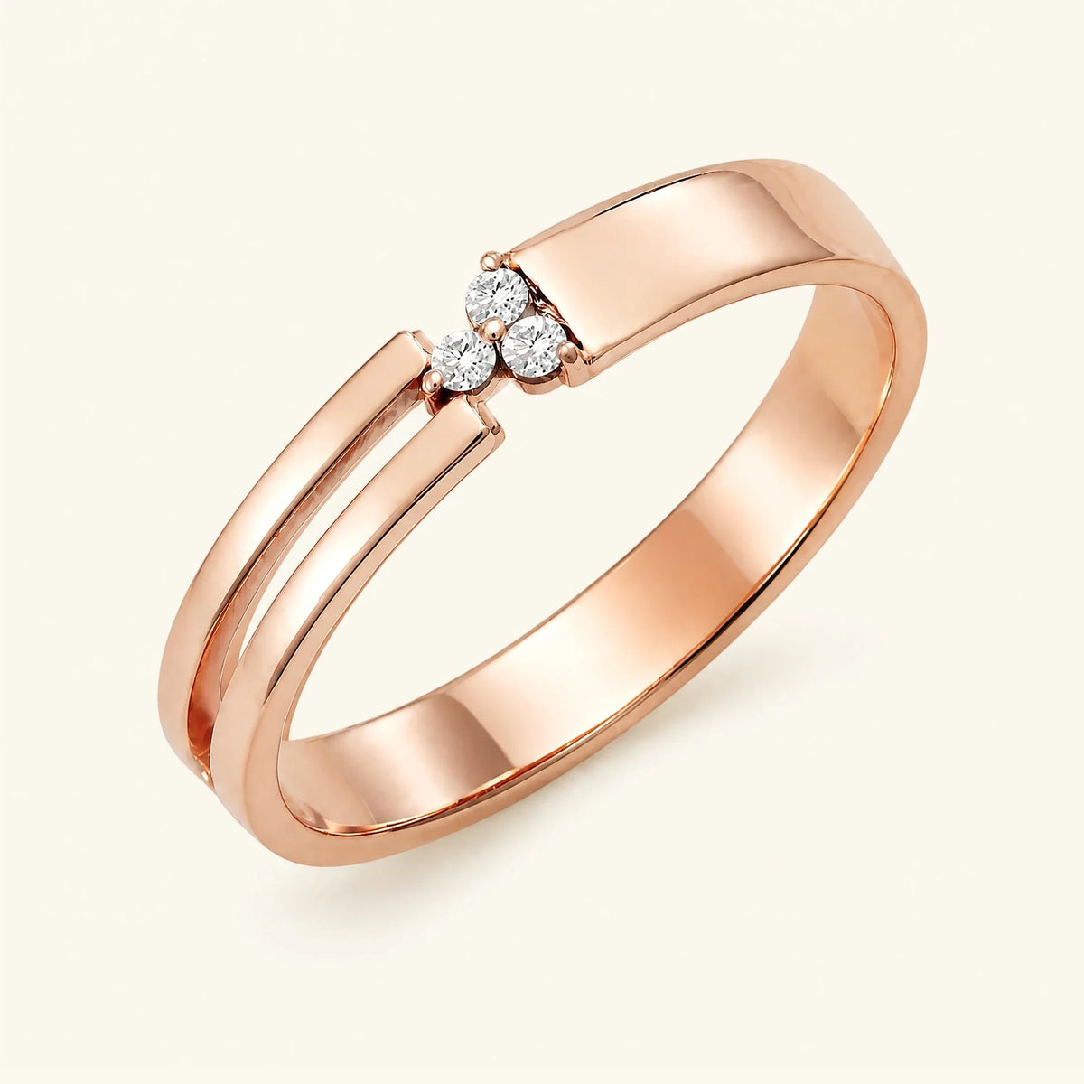 White diamond three-stone ring for men in rose gold