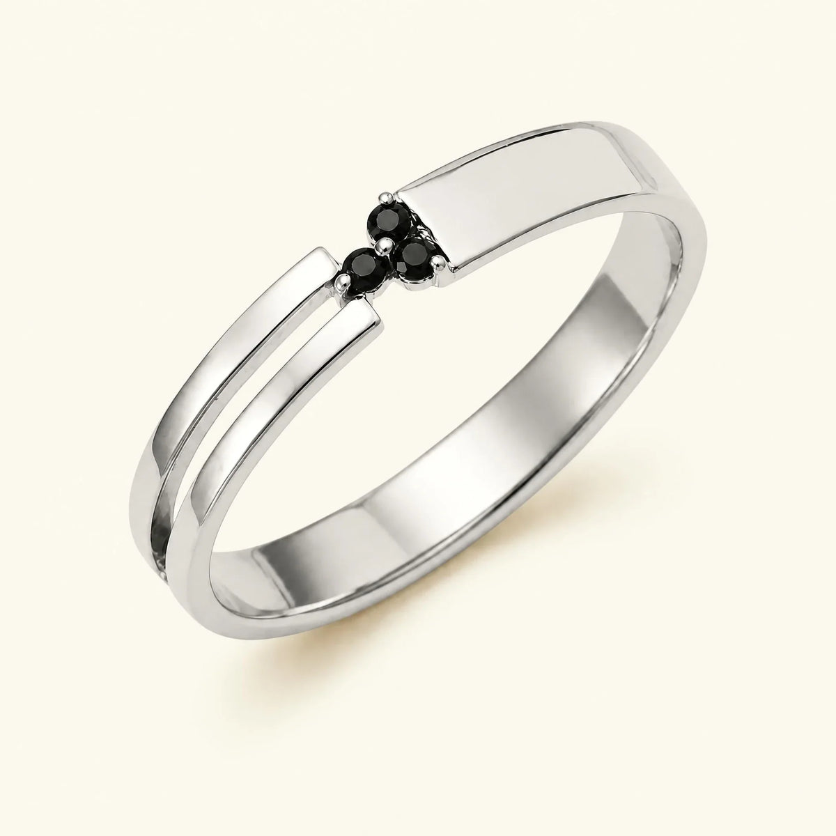 Three-stone black diamond ring men's white gold