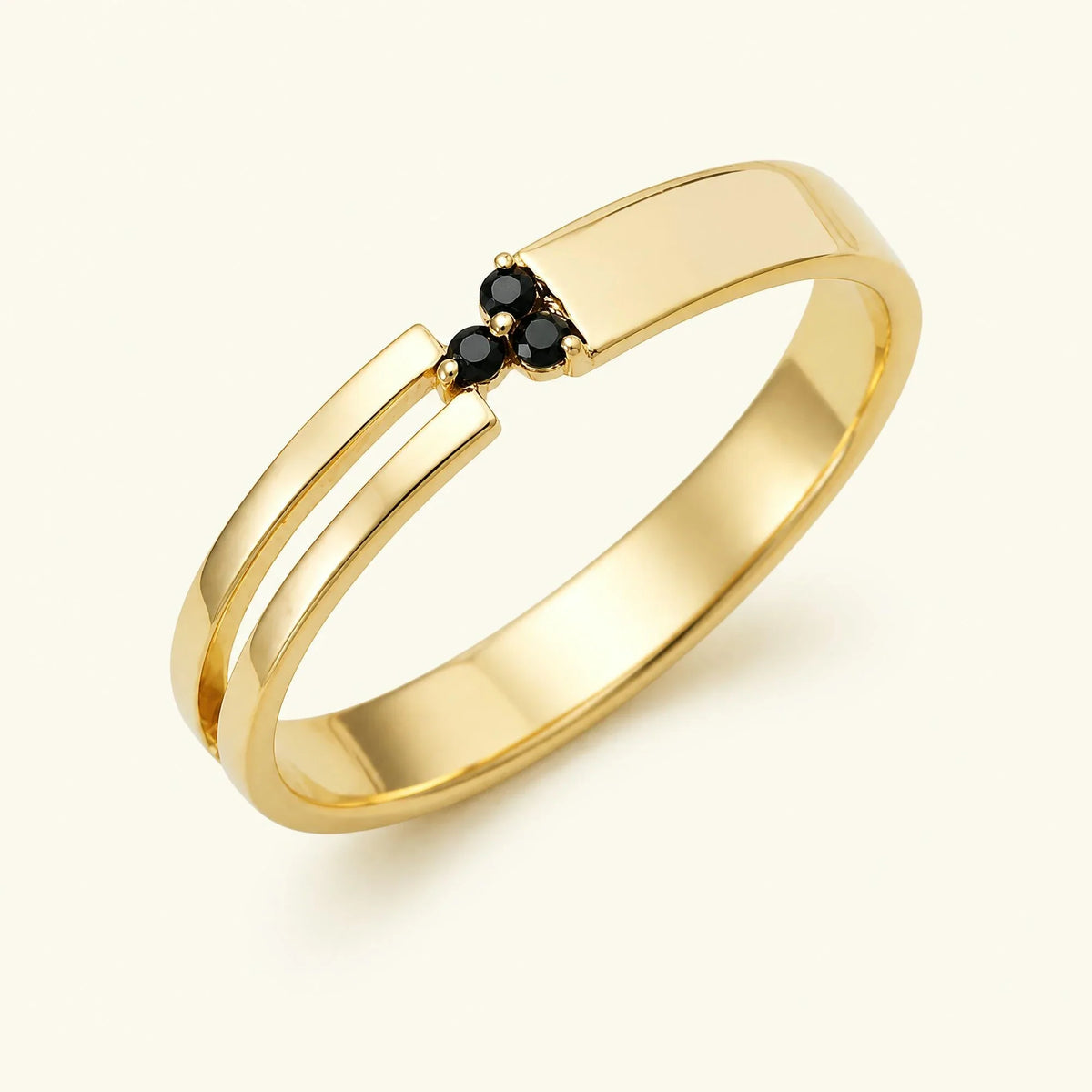 Three-stone black diamond ring men's yellow gold