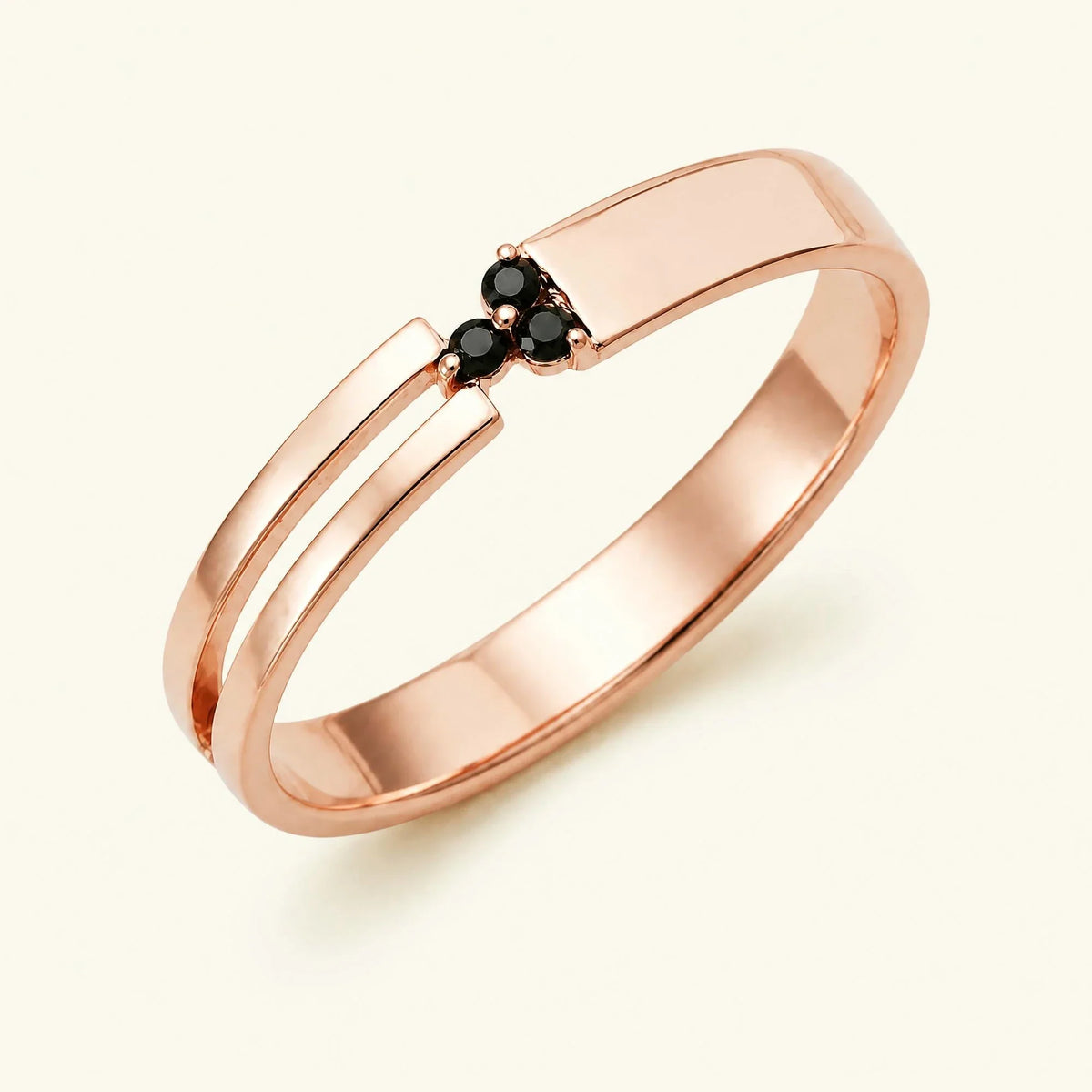 Three-stone black diamond ring men's rose gold