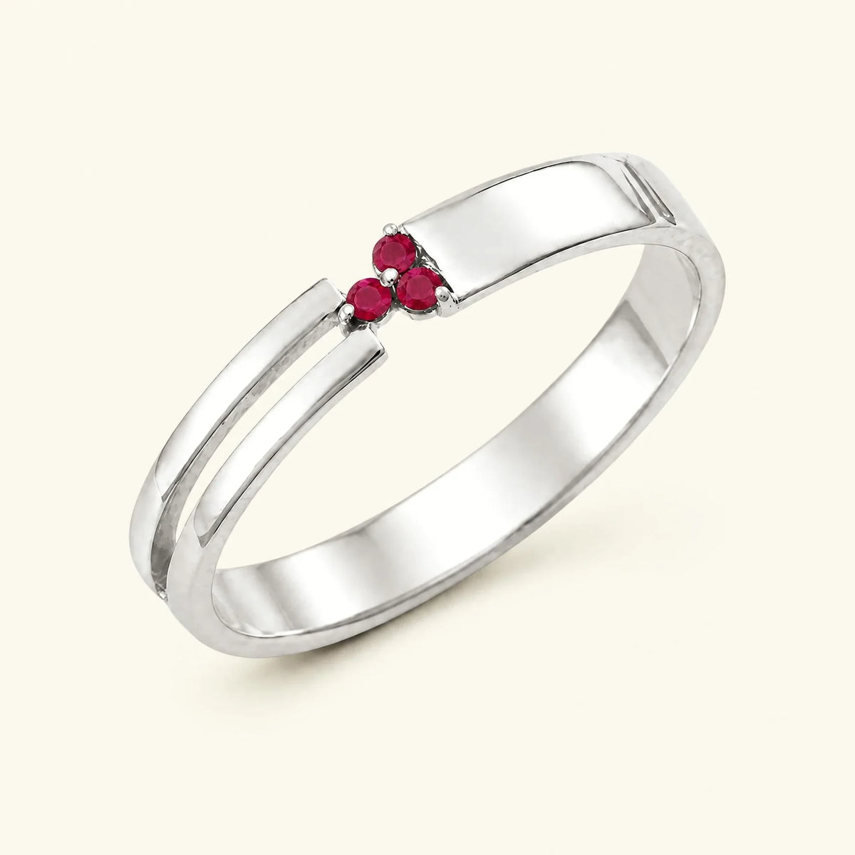 Three-stone ruby ring for men in white gold