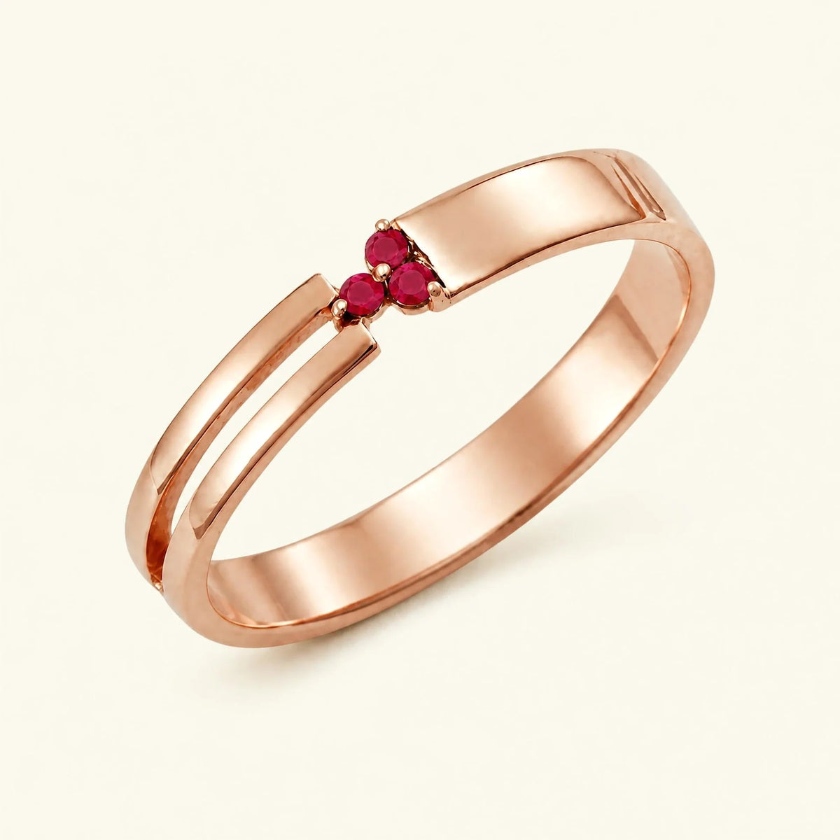 Three-stone ruby ring for men in rose gold