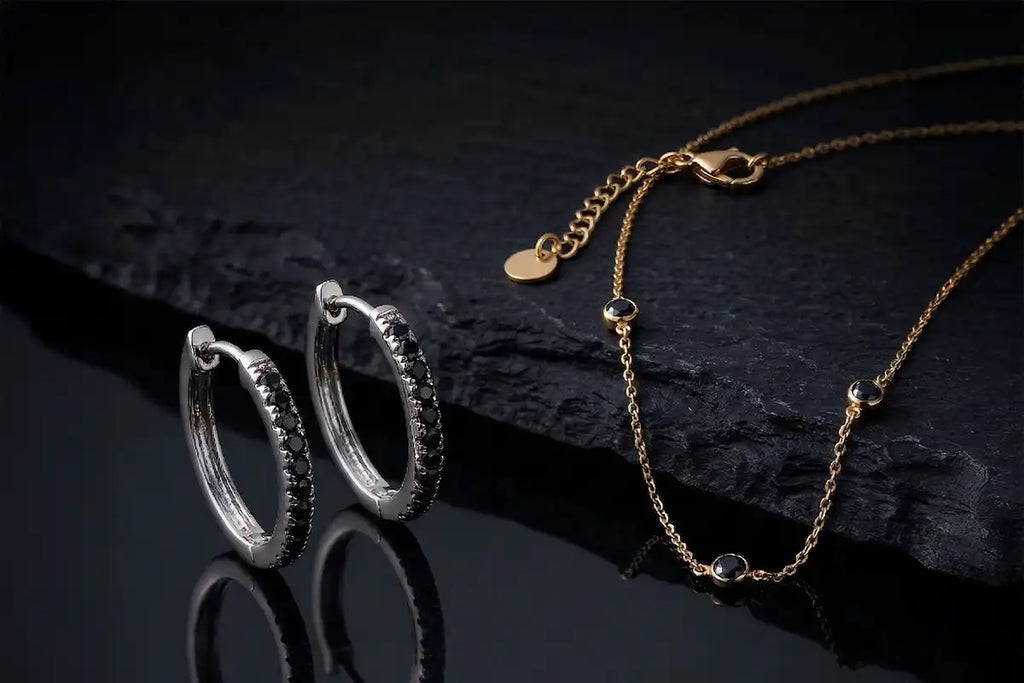 Mayuri black diamond jewellery on a dark background, a symbolic and deep atmosphere