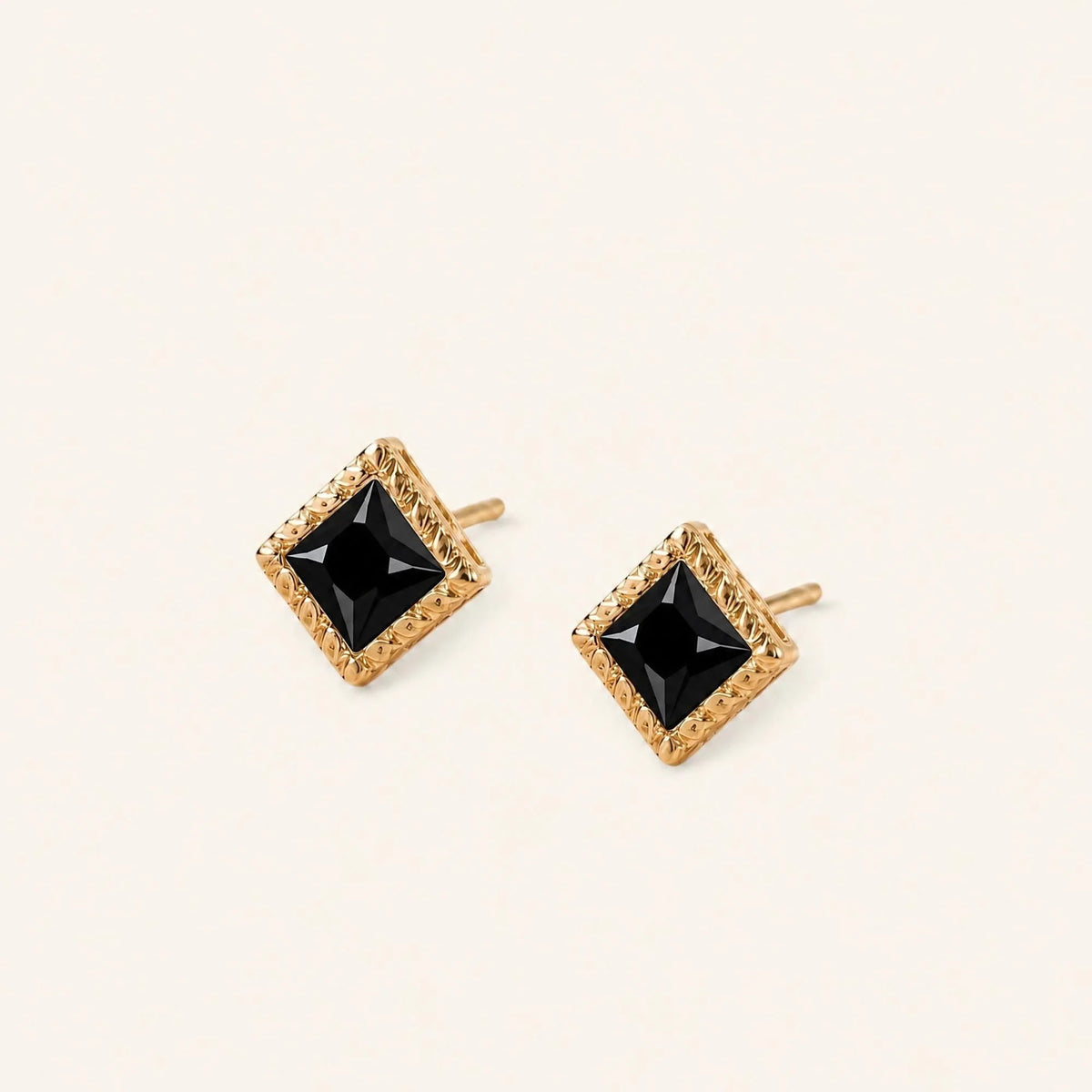 Indrani black diamond earrings, 4 mm princess-cut studs in twisted rope setting, 18K yellow gold