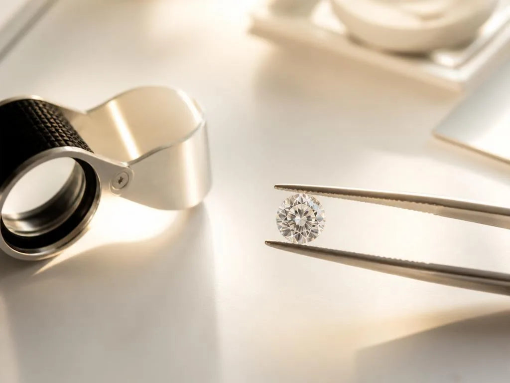 A brilliant cut diamond held by gemologist tweezers with a professional 10x loupe on a white background