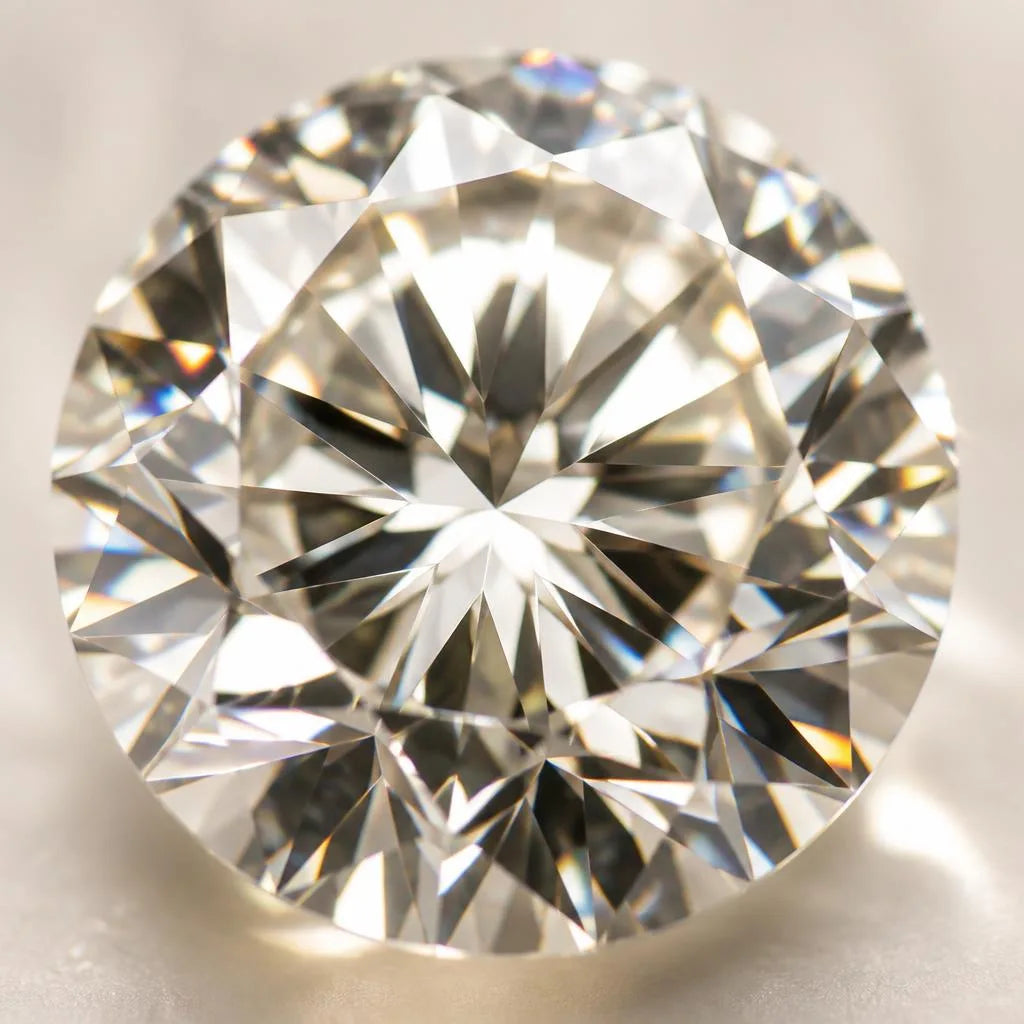 Macro close-up of a brilliant cut diamond revealing precise facets and light dispersion on a beige background