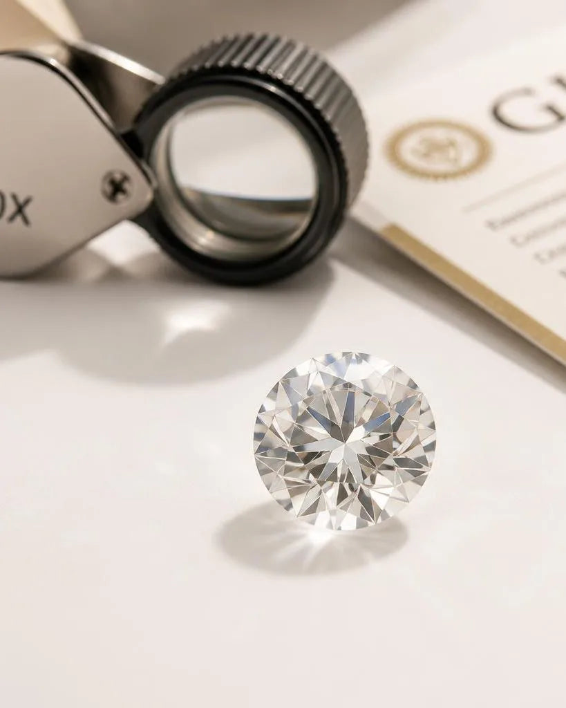 Brilliant cut diamond with a 10x gemologist's loupe and GIA certificate on a white surface