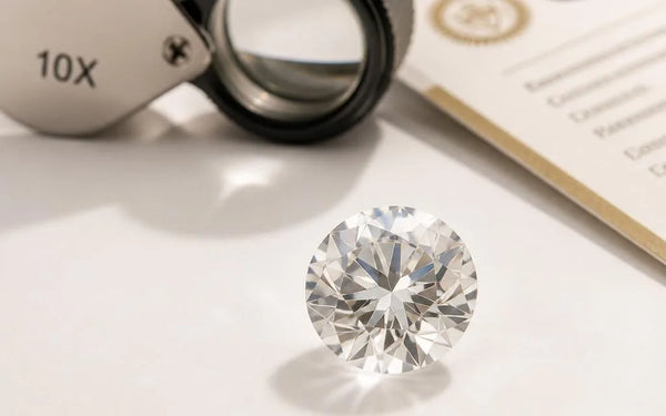 Brilliant cut diamond with a 10x gemologist's loupe and GIA certificate on a white surface