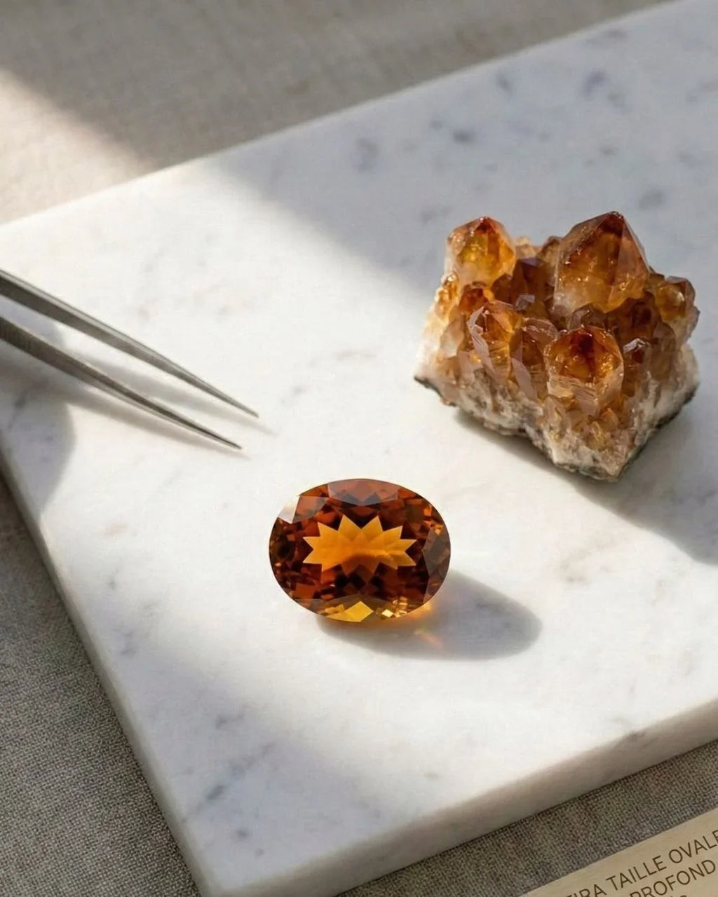 Oval-cut Madeira citrine displaying a deep orange-brown hue with golden reflections