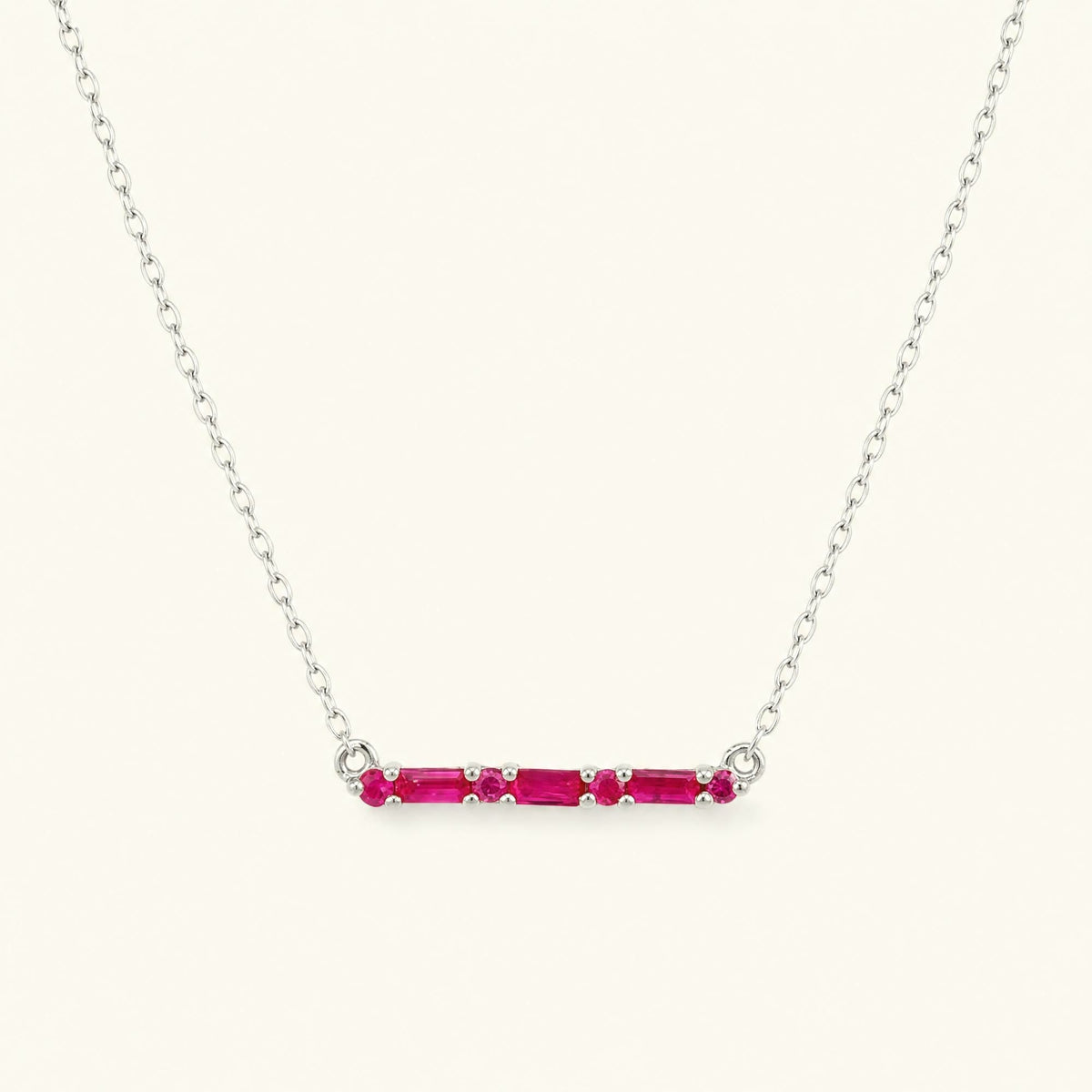 Bhagya horizontal geometric ruby baguette necklace in white gold