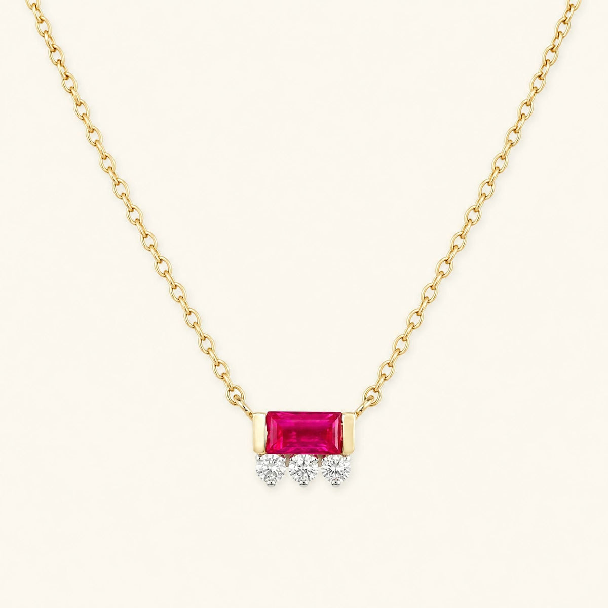 Prana baguette necklace ruby diamond yellow gold