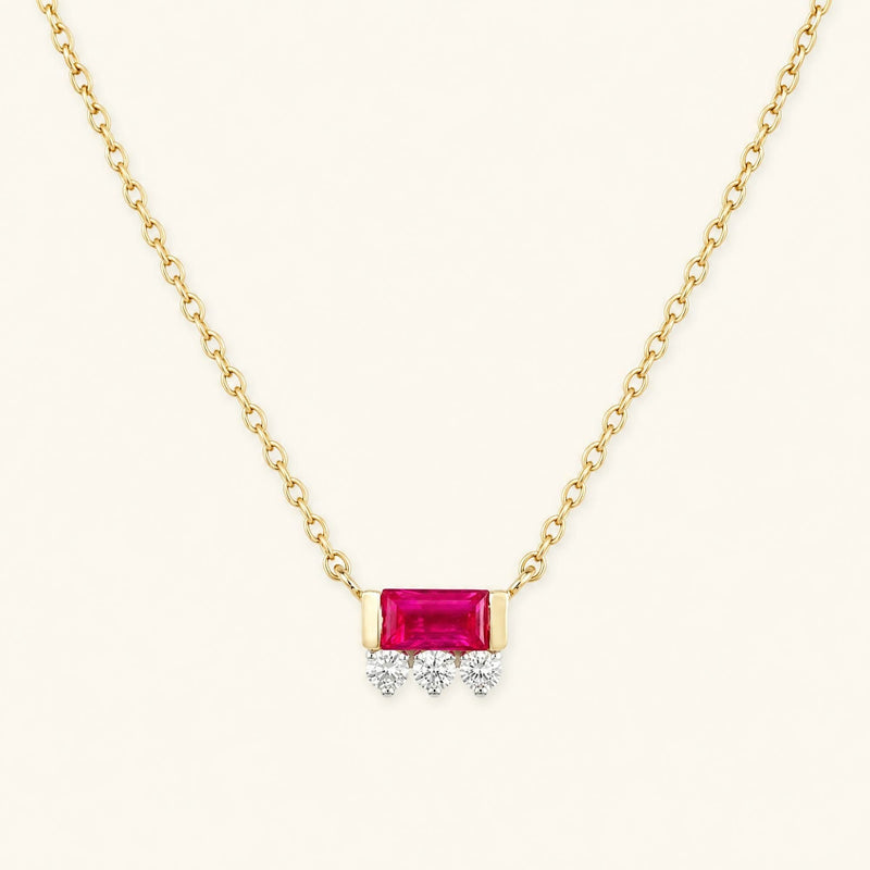Prana baguette necklace ruby diamond yellow gold