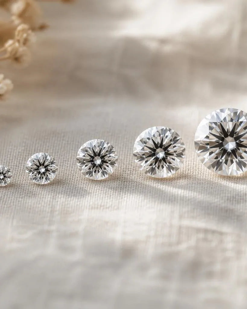 Five brilliant cut diamonds of increasing sizes on cream linen