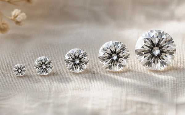 Five brilliant cut diamonds of increasing sizes on cream linen