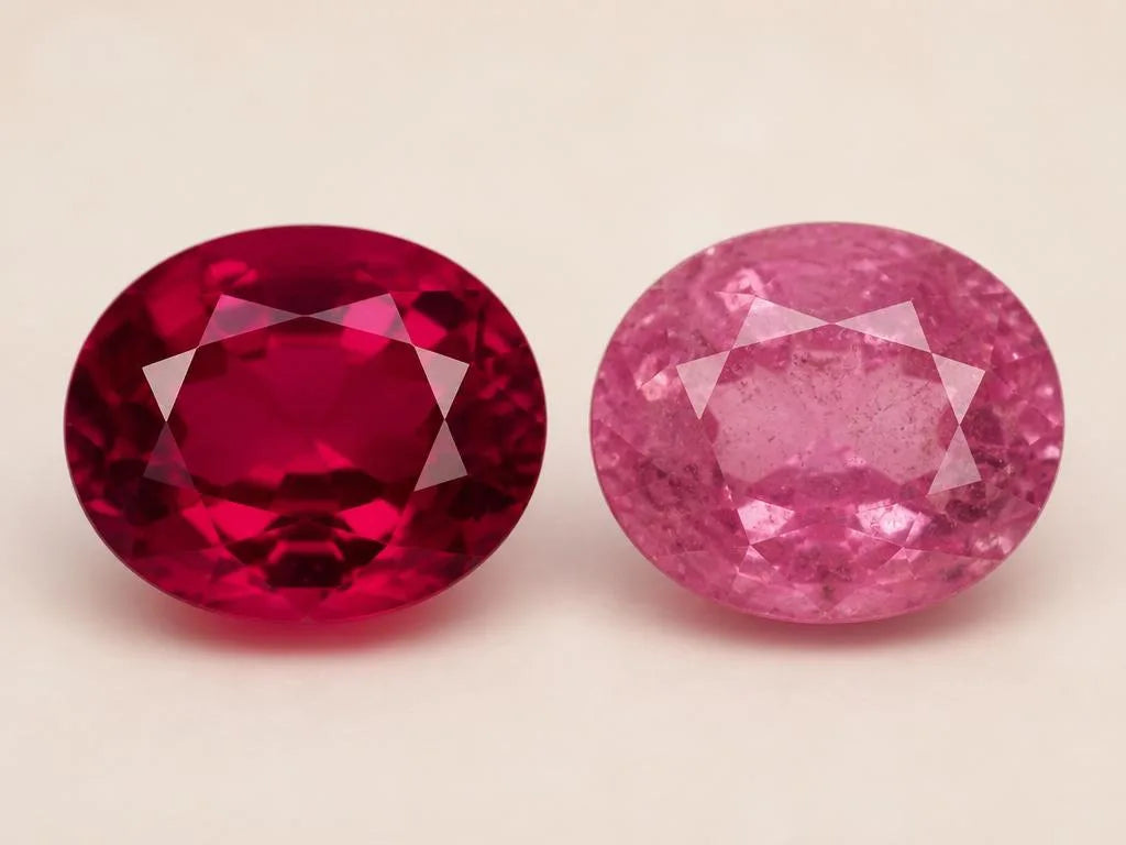 Visual comparison of two rubies: high-quality deep red versus lower-quality pale pink