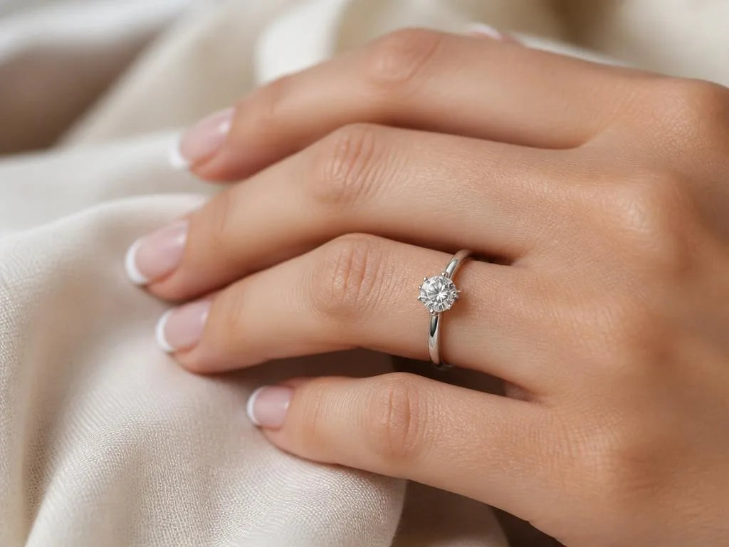 A solitaire diamond ring in white gold worn on a feminine hand, showing the scale of the diamond on the ring finger