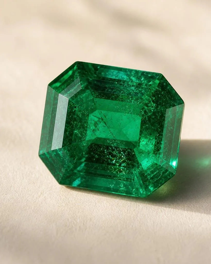Natural emerald cut in an octagonal shape, showcasing a rich, saturated green hue and visible garden inclusions, illustrating the essential quality criteria