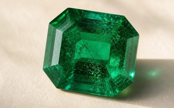 Natural emerald cut in an octagonal shape, showcasing a rich, saturated green hue and visible garden inclusions, illustrating the essential quality criteria