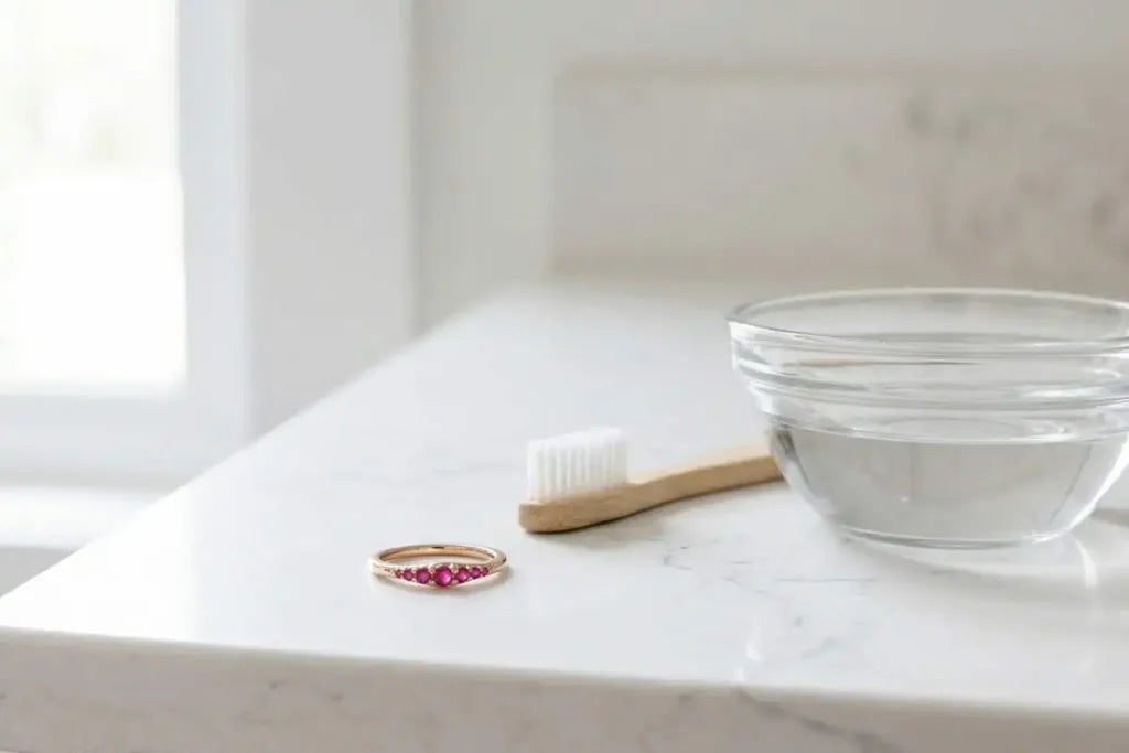 Gently cleaning a ruby ring with a brush and a bowl of soapy water on white marble