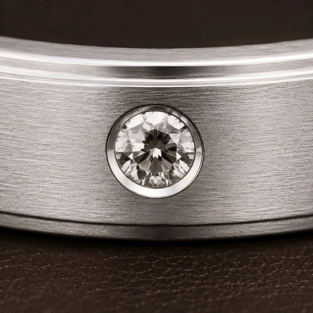 Bezel-set diamond on a brushed platinum band ring, close-up on the metal's characteristic matte texture
