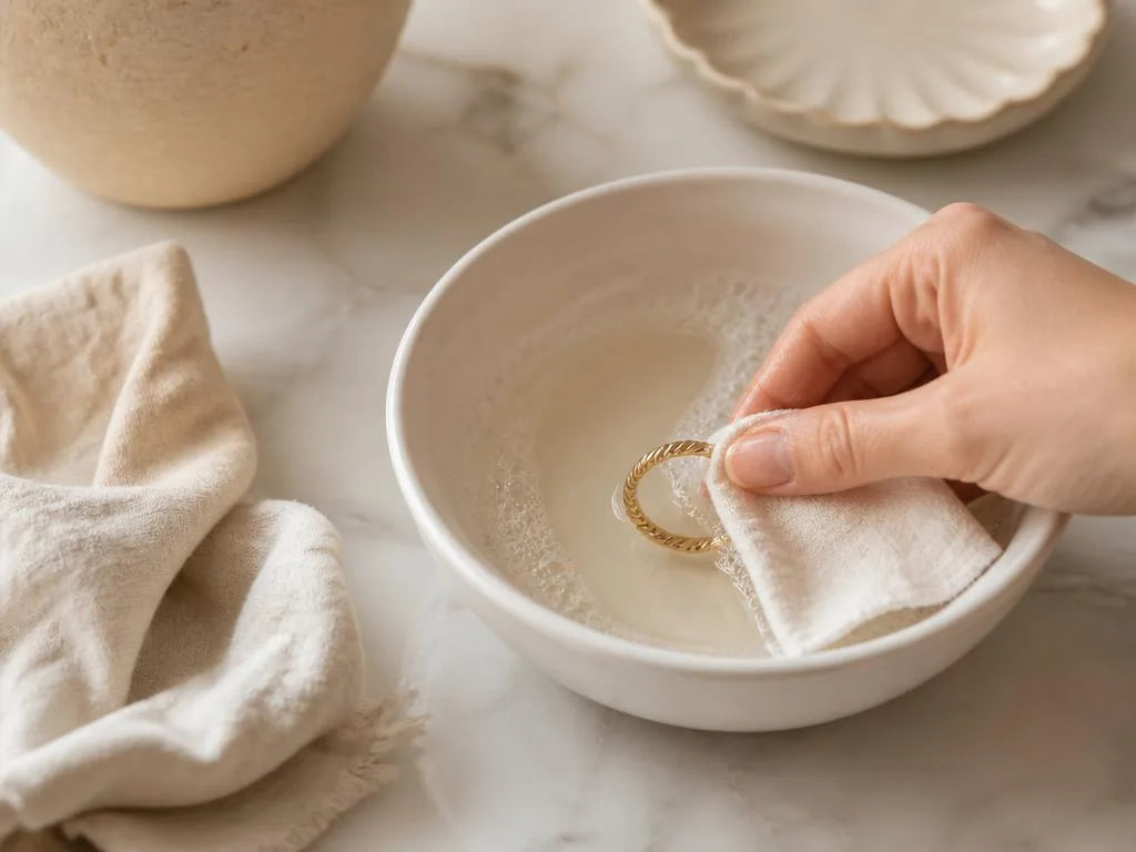 Gently cleaning a yellow gold ring with a soft cloth and warm soapy water
