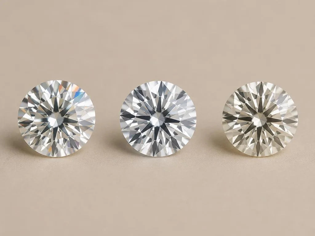 Visual comparison of three brilliant stones: moissanite, cubic zirconia, and natural diamond