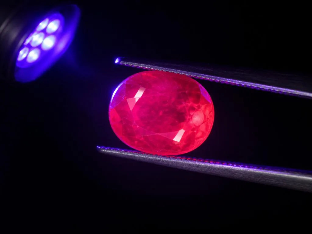 UV fluorescence test on a natural ruby under a 365nm ultraviolet lamp, revealing a red-pink glow