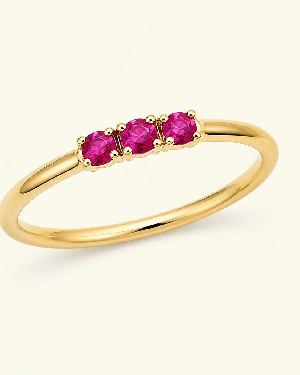 Tina ring in 18K yellow gold set with three rubies, by Mayuri
