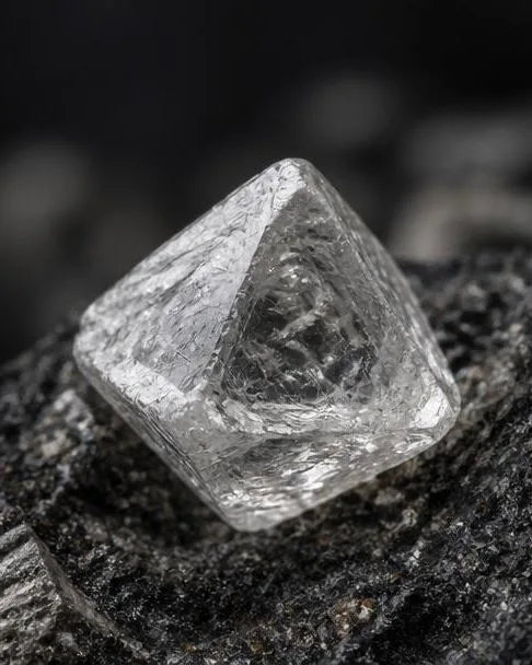Translucent octahedral rough diamond crystal resting on dark kimberlite rock