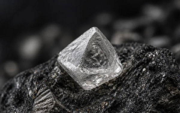 Translucent octahedral rough diamond crystal resting on dark kimberlite rock
