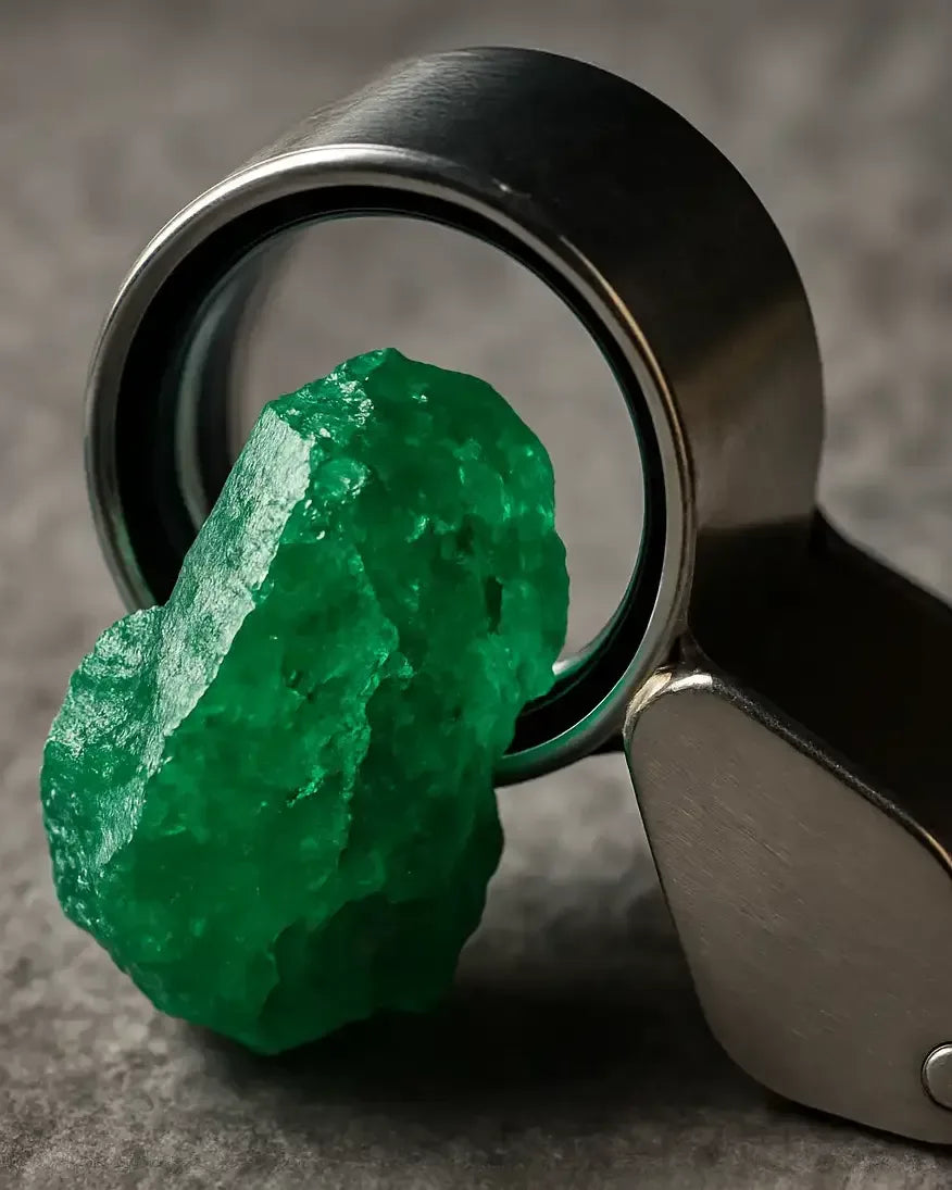 Natural raw emerald crystal examined under a gemologist's loupe to study its geological formation