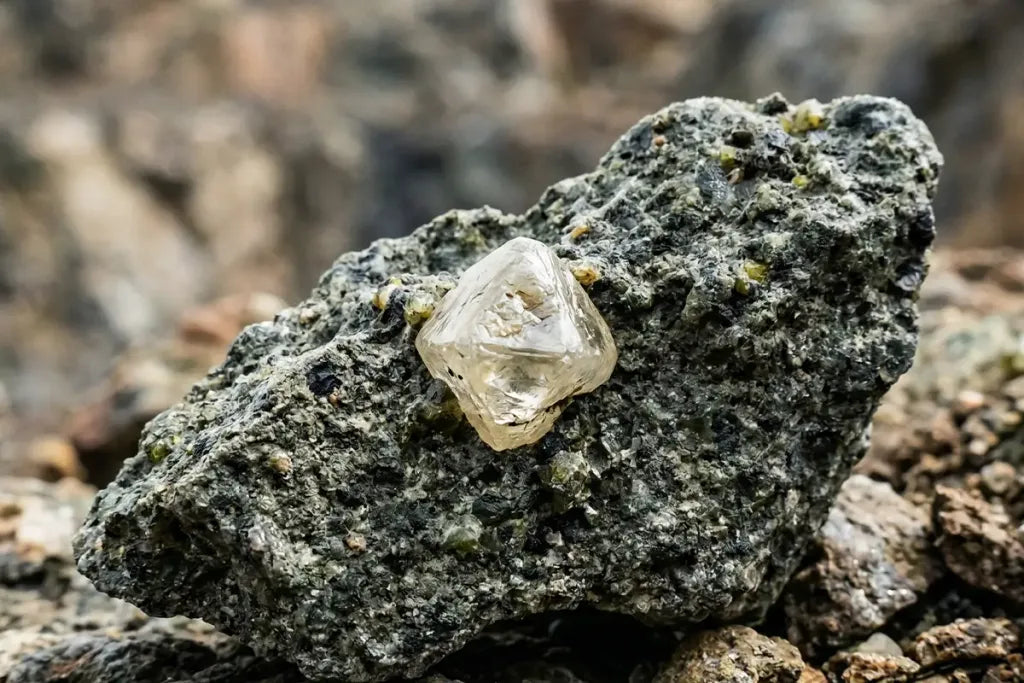 A natural octahedral rough diamond in its kimberlite host rock
