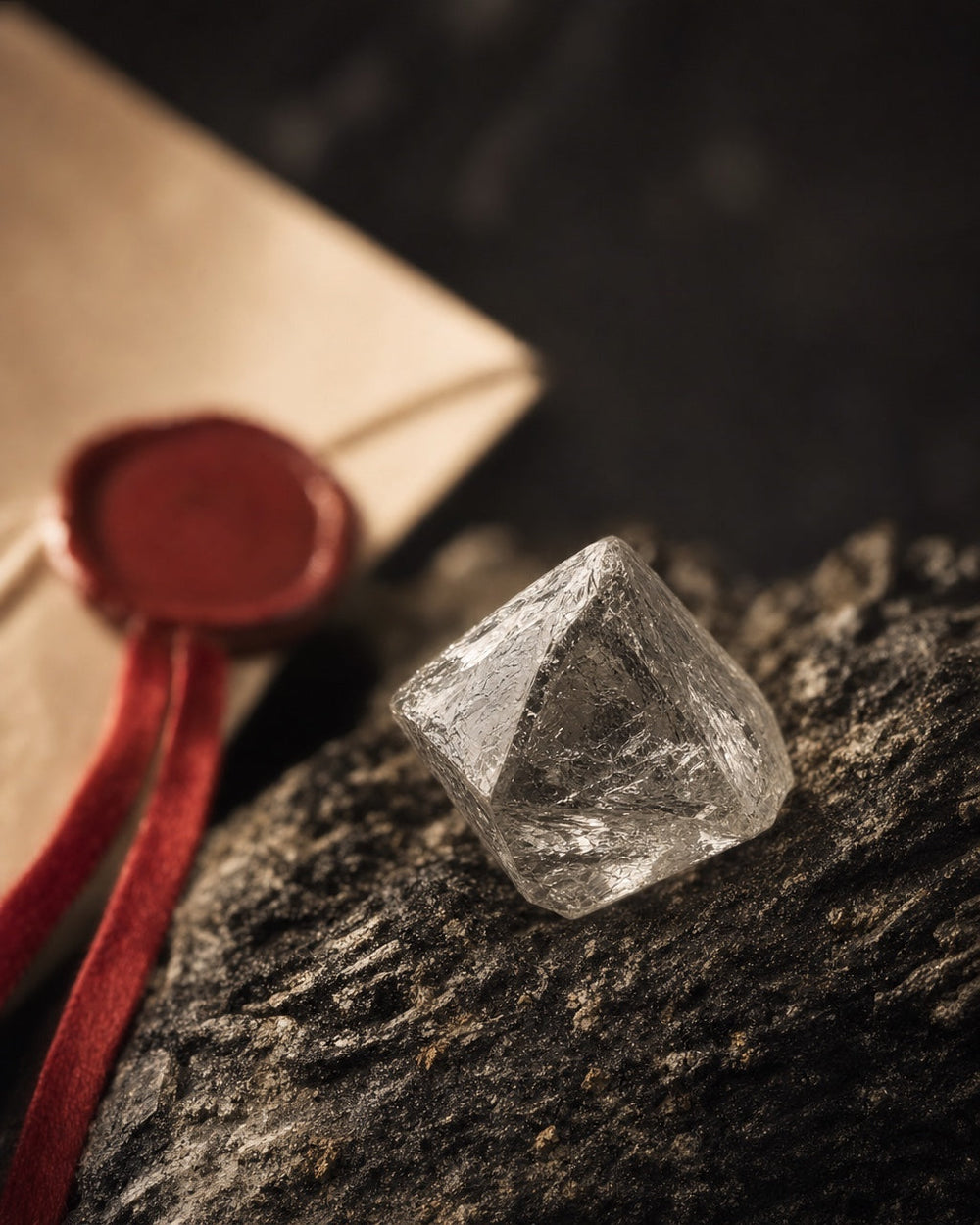 Raw octahedral diamond resting on a kimberlite rock, beside a red wax-sealed envelope