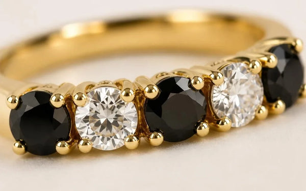 Wedding ring in 18K yellow gold set with alternating black and white diamonds, a contemporary mineral contrast by Mayuri