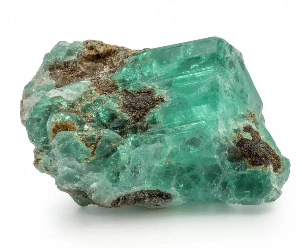 A raw emerald specimen displaying the characteristic hexagonal prism of beryl
