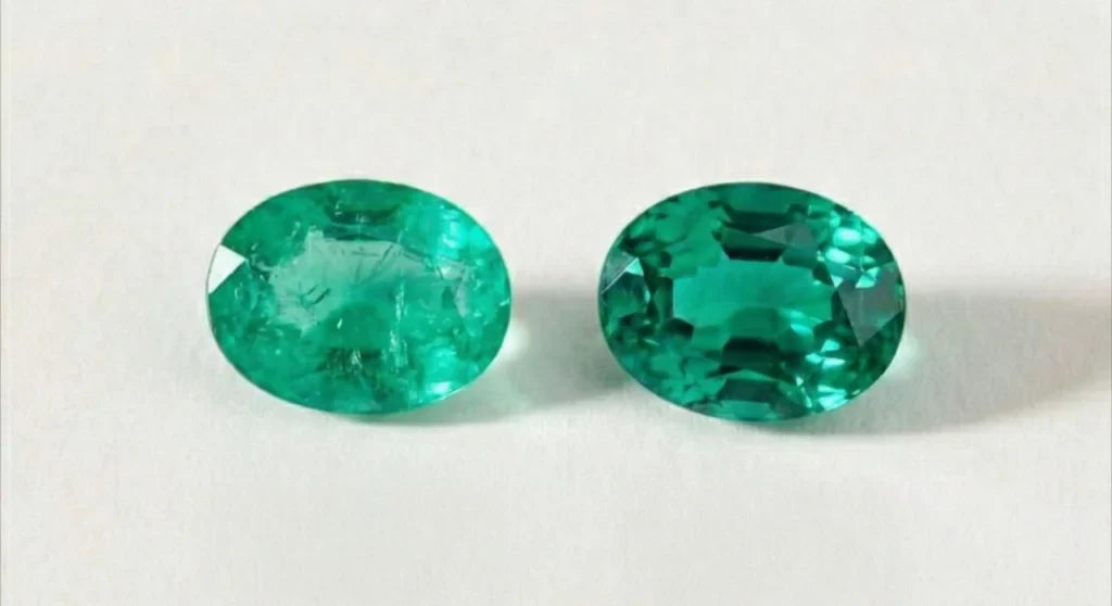Comparison of two Colombian emeralds showcasing differences in clarity and natural inclusions, the characteristic "jardin" of the stone