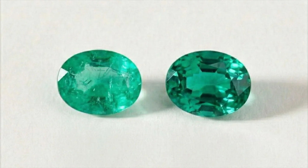 Colombian emerald and Zambian emerald side by side, a comparison of colour and clarity