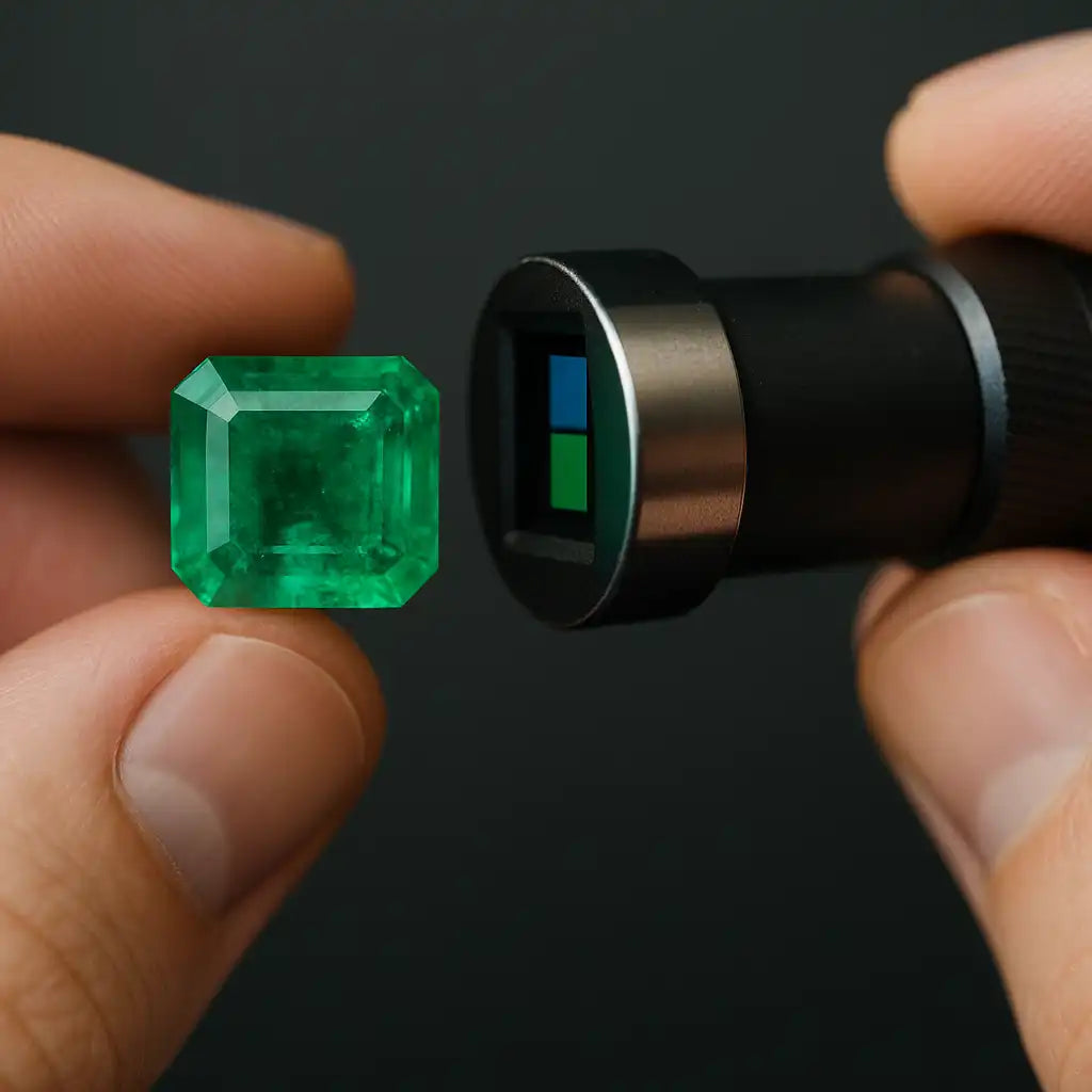 Natural emerald analysed with a dichroscope, revealing two distinct shades of green