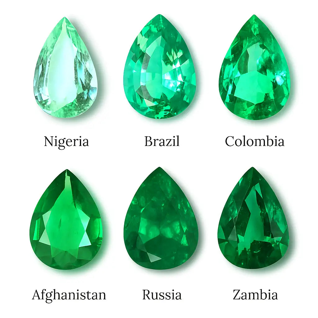 Map of the principal emerald origins: Colombia, Brazil, Zambia