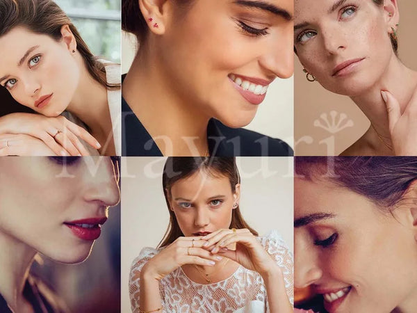 Earrings, delicate rings and 18K gold necklaces enhancing different face shapes, Mayuri collection