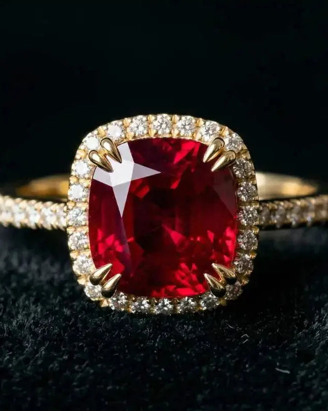 Cushion-cut ruby engagement ring with a diamond halo, set in 18K yellow gold