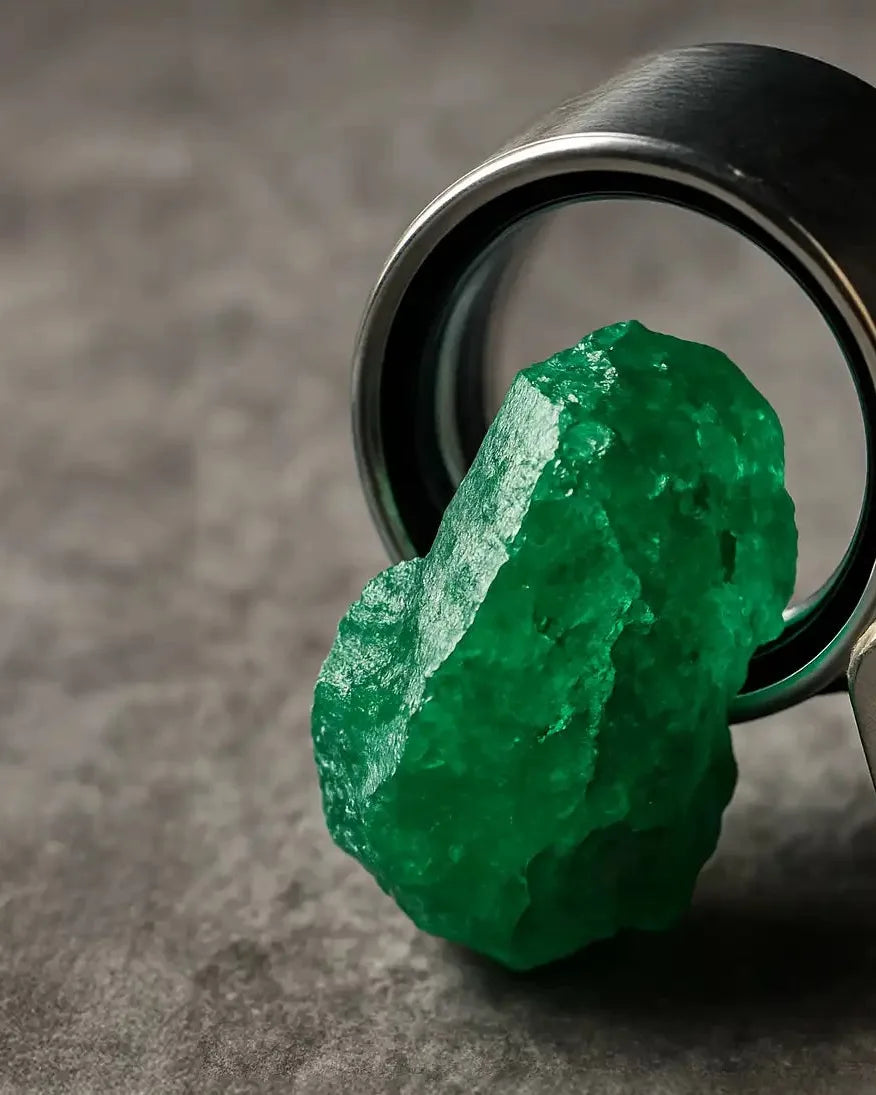 Natural rough green emerald examined under a magnifying glass, fine jewellery identification and expertise