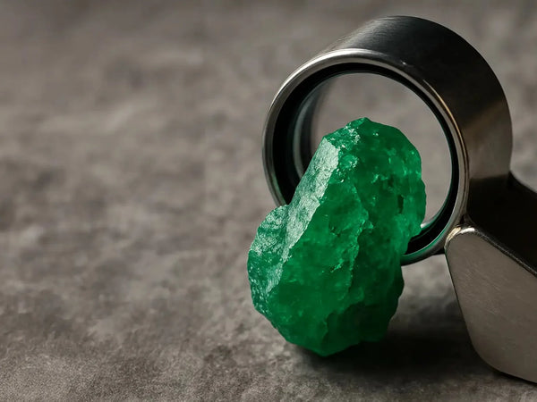 Natural rough green emerald examined under a magnifying glass, fine jewellery identification and expertise