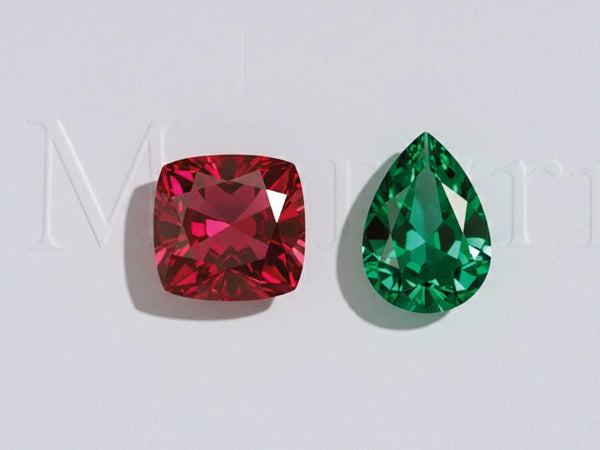 Cushion-cut red garnet and pear-cut green tsavorite, January birthstones in fine jewellery